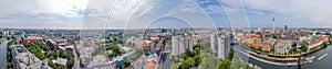BERLIN, GERMANY - JULY 24, 2016: Panoramic aerial view of Berlin skyline at sunset with major city landmarks along Spree river