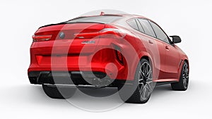 Berlin. Germany. June 10, 2022. Red BMW X6M Competition III 2020 F96 on a white background. 3d model of a sports SUV in