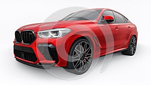Berlin. Germany. June 10, 2022. Red BMW X6M Competition III 2020 F96 on a white background. 3d model of a sports SUV in