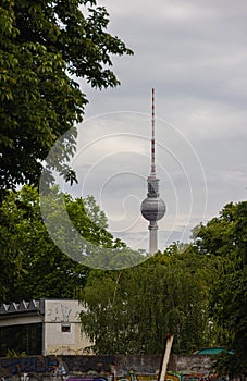 Berlin, Germany - June 29, 2022: The TV Tower or Fernsehturm at the Alexanderplatz, former city center of east berlin. Fernsehturm