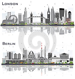 Berlin Germany and London England City Skylines with Gray Buildings and Reflections Isolated on White Background
