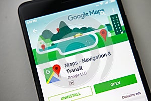 Berlin, Germany - November 19, 2017: Google Maps app on screen modern smartphone in Play Store. Google apps