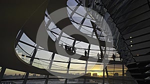 Berlin, Germany. Reichstag glass dome interior at dawn. Spiral walkway inside glass dome of Bundestag in Berlin at