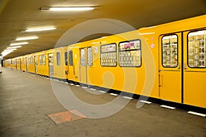 BERLIN, GERMANY. The train costs at the station of the Hanzaplatz subway
