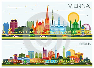 Berlin Germany and Vienna Austria City Skyline Set with Color Buildings and Blue Sky