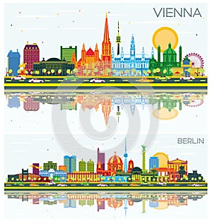 Berlin Germany and Vienna Austria City Skyline Set with Color Buildings, Blue Sky and Reflections