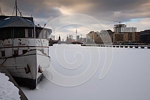 Berlin, Germany in winter. Spree river embankment in Friedrichshain