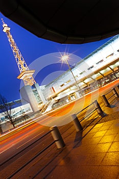 Berlin ICC (Messe Berlin) and Funkturm with Traffic and Lights