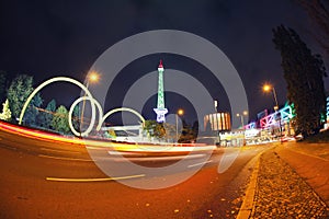 Berlin ICC (Messe Berlin) and Funkturm with Traffic and Lights photo