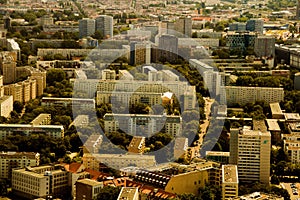 Berlin July 1st 2023: view from TV tower at socialistic old time block of flats background full image covered