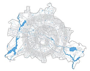 Berlin map. Detailed map of Berlin city poster with streets, water