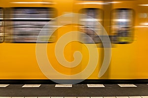 Berlin metro underground - Yellow Train moving - nobody background