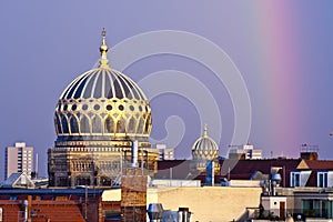 Berlin new synagogue dome and rainbow in Berlin, Germany