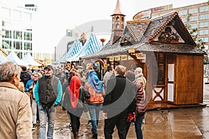 Berlin, October 03, 2017: Celebrating the Oktoberfest. People walk on the street market on the famous Alexanderplatz