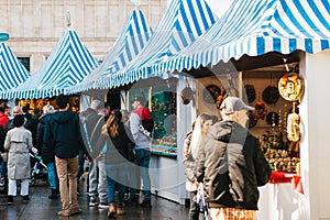 Berlin, October 03, 2017: Celebrating the Oktoberfest. People walk on the street market on the famous Alexanderplatz