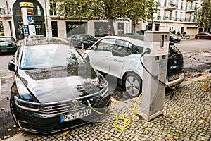 Berlin, October 2, 2017: Electric cars are being charged at a special place for charging electric vehicles. A modern and