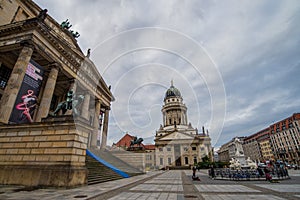 BERLIN - OCTOBER 21: Gendarmenmarkt square with the French Cathedral on October 21, 2017 in Berlin, Germany.