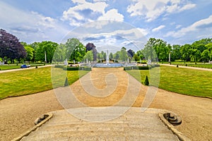 Berlin Potsdam Park Sanssouci, View of the pond of the palace garden, in the foreground part of the stone steps