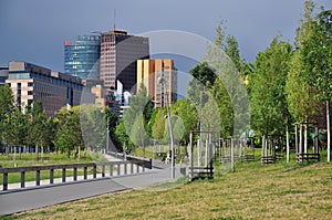 Berlin, Potsdamer Platz and urban park view. Germany