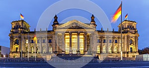 Berlin Reichstag Bundestag Parliament Government building panoramic view twilight blue hour in Germany