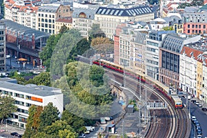 Berlin S-Bahn regional train on the Stadtbahn at Hackesche HÃ¶fe town city in Germany aerial view
