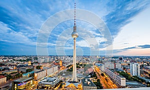 Berlin skyline panorama with famous TV tower at Alexanderplatz at night, Germany