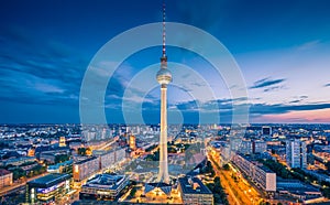 Berlin skyline panorama with famous TV tower at Alexanderplatz in twilight