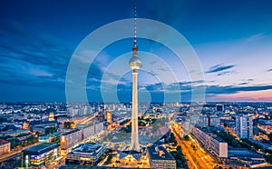Berlin skyline panorama with famous TV tower at Alexanderplatz in twilight photo