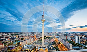 Berlin skyline panorama with famous TV tower at Alexanderplatz in twilight, Germany