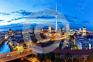 Berlin skyline panoramic view tv tower townhall at night Germany city