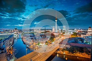 Berlin skyline with Spree river at night, Germany