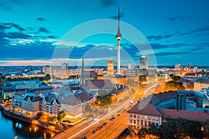 Berlin skyline with Spree river at sunset, Germany