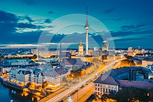 Berlin skyline with Spree river at sunset, Germany