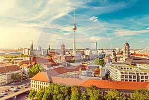 Berlin skyline with Spree river at sunset, Germany