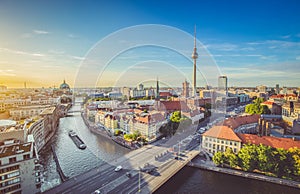 Berlin skyline with Spree river at sunset, Germany