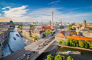 Berlin skyline with Spree river at sunset, Germany