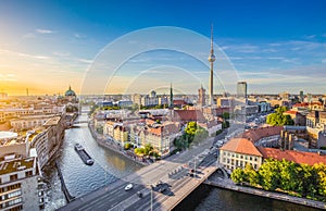 Berlin skyline with Spree river at sunset, Germany