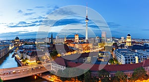 Berlin skyline tv tower downtown panorama banner townhall at night Germany city