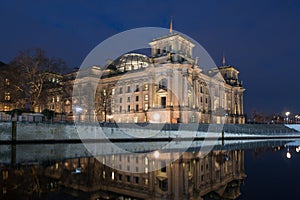 Berlin Spreebogen and Reichstag at night