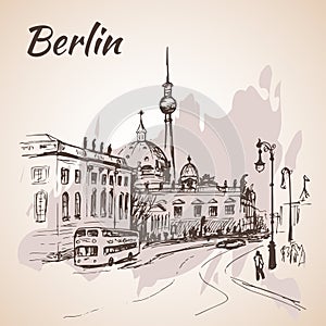 Berlin street with buses and Berlin TV Tower