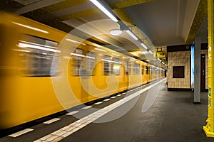 Berlin Subway metro underground - Yellow Train moving - nobody background