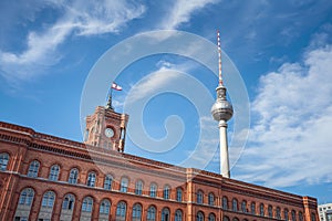 Berlin Town Hall Rotes Rathaus and Tv Tower Fersehturm - Berlin, Germany