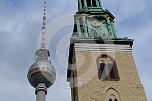 Berlin: TV tower at Alexanderplatz with church