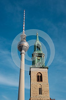 Berlin Tv Tower Fernsehturm and St. Mary`s Church Marienkirch