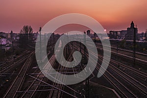 Berlin Westhafen railway tracks in the sunset light