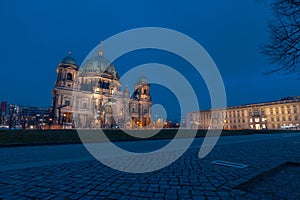 Berliner dom or Berlin cathedral in evening light, blue skies and yellow building. Romantic setting in the cold spring time. Long