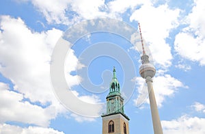 Berliner Fernsehturm TV tower and St Marienkirche church Berlin Germany