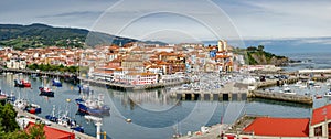 Bermeo and fishing port ultra wide panoramic view