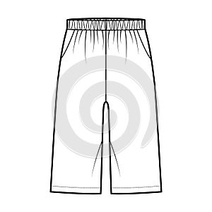 Bermuda Pocket Short technical fashion illustration with elastic low waist, rise, Relaxed fit, knee length. Flat bottom