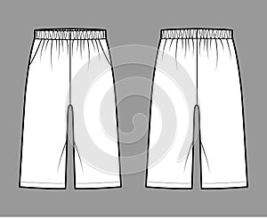 Bermuda Pocket Short technical fashion illustration with elastic low waist, rise, Relaxed fit, knee length. Flat bottom